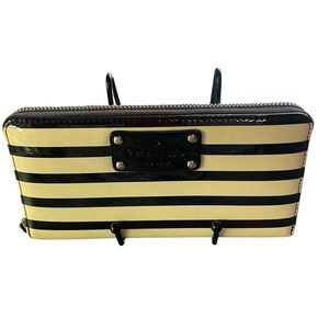 Kate Spade Black and Cream Striped Wallet zip around 7 x 3 inches